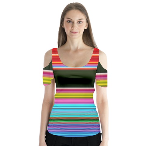 Horizontal Line Colorful Butterfly Sleeve Cutout Tee  by Grandong