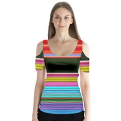 Horizontal Line Colorful Butterfly Sleeve Cutout Tee 