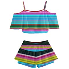 Horizontal Line Colorful Kids  Off Shoulder Skirt Bikini by Grandong