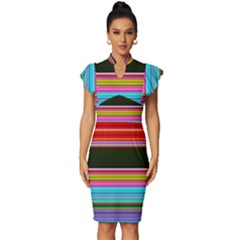 Horizontal Line Colorful Vintage Frill Sleeve V-neck Bodycon Dress by Grandong