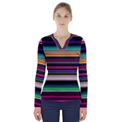 Horizontal Lines Colorful V-neck Long Sleeve Top by Grandong