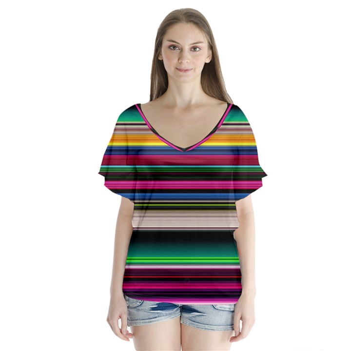 Horizontal Lines Colorful V-Neck Flutter Sleeve Top