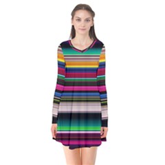 Horizontal Lines Colorful Long Sleeve V-neck Flare Dress by Grandong