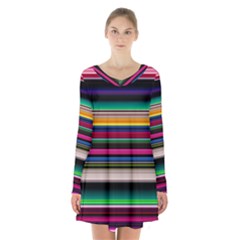 Horizontal Lines Colorful Long Sleeve Velvet V-neck Dress by Grandong