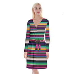 Horizontal Lines Colorful Long Sleeve Velvet Front Wrap Dress by Grandong