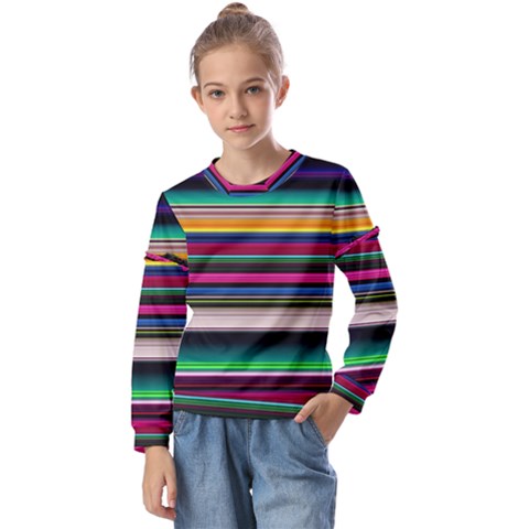 Horizontal Lines Colorful Kids  Long Sleeve Tee With Frill  by Grandong