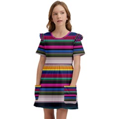 Horizontal Lines Colorful Kids  Frilly Sleeves Pocket Dress by Grandong