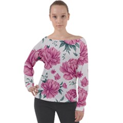 Pattern Flowers Texture Design Off Shoulder Long Sleeve Velour Top by Grandong