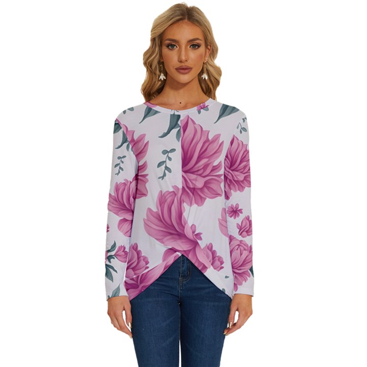 Pattern Flowers Texture Design Long Sleeve Crew Neck Pullover Top