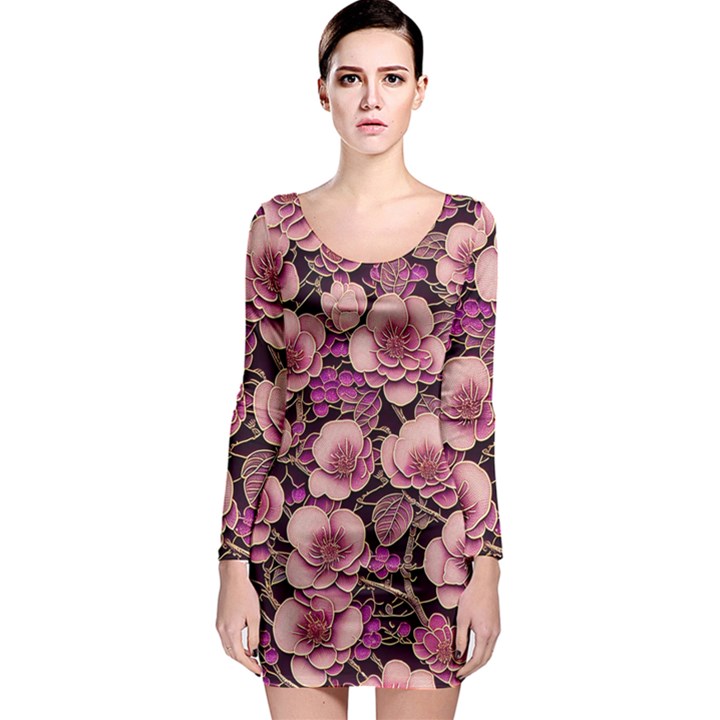 Plum Blossom Blossom Long Sleeve Bodycon Dress