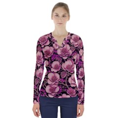 Plum Blossom Blossom V-neck Long Sleeve Top by Grandong