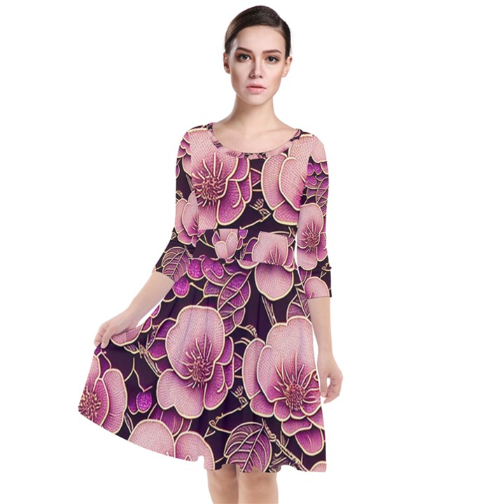 Plum Blossom Blossom Quarter Sleeve Waist Band Dress