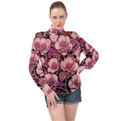 Plum Blossom Blossom High Neck Long Sleeve Chiffon Top by Grandong