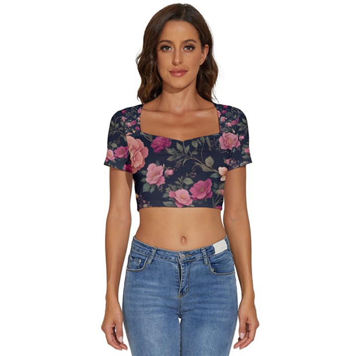 Flower Pattern Short Sleeve Square Neckline Crop Top 