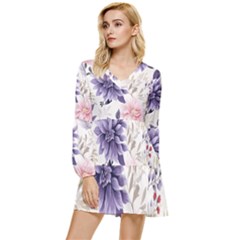 Flowers Pattern Floral Tiered Long Sleeve Mini Dress by Grandong