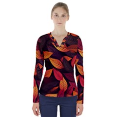 Leaves Autumn V-neck Long Sleeve Top by Grandong