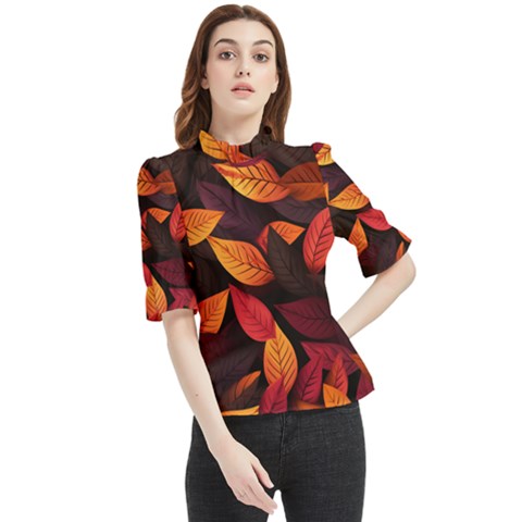 Leaves Autumn Frill Neck Blouse by Grandong