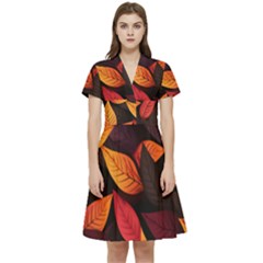 Leaves Autumn Short Sleeve Waist Detail Dress by Grandong