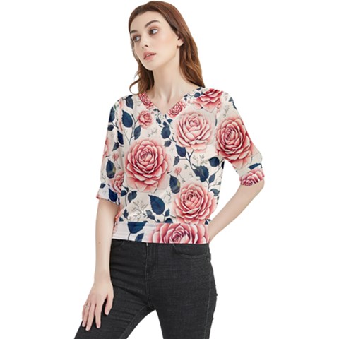 Flowers Pattern Plant Quarter Sleeve Blouse by Grandong