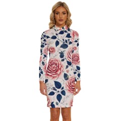 Flowers Pattern Plant Long Sleeve Shirt Collar Bodycon Dress by Grandong