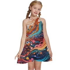 Pattern Abstract Kids  Halter Collar Waist Tie Chiffon Dress by Grandong