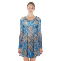 Flower Mandala Pattern Long Sleeve Velvet V-neck Dress by Grandong