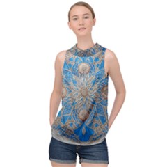 Flower Mandala Pattern High Neck Satin Top by Grandong