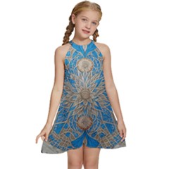 Flower Mandala Pattern Kids  Halter Collar Waist Tie Chiffon Dress by Grandong