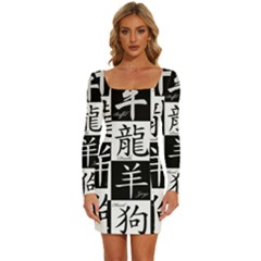 Chinese Zodiac Signs Star Long Sleeve Square Neck Bodycon Velvet Dress