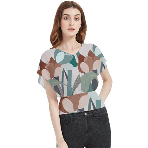 Flowers Plants Leaves Foliage Butterfly Chiffon Blouse by pakminggu