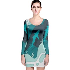 Ocean Turtle Shark Sea Life Sea Long Sleeve Velvet Bodycon Dress by pakminggu