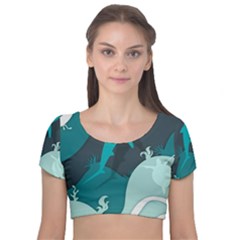 Ocean Turtle Shark Sea Life Sea Velvet Short Sleeve Crop Top  by pakminggu