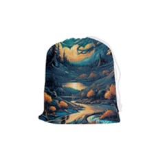 Forest River Night Evening Moon Drawstring Pouch (medium) by pakminggu