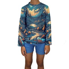 Forest River Night Evening Moon Kids  Long Sleeve Swimwear by pakminggu