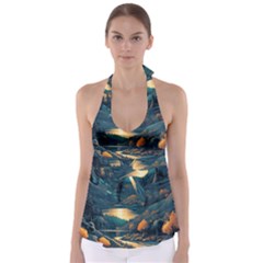 Forest River Night Evening Moon Tie Back Tankini Top by pakminggu