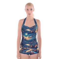 Forest River Night Evening Moon Boyleg Halter Swimsuit  by pakminggu