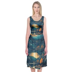 Forest River Night Evening Moon Midi Sleeveless Dress by pakminggu