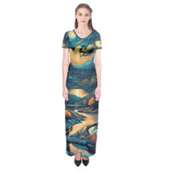 Forest River Night Evening Moon Short Sleeve Maxi Dress by pakminggu