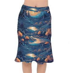 Forest River Night Evening Moon Short Mermaid Skirt by pakminggu