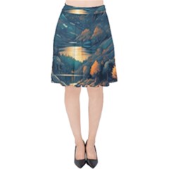 Forest River Night Evening Moon Velvet High Waist Skirt by pakminggu