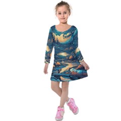 Forest River Night Evening Moon Kids  Long Sleeve Velvet Dress by pakminggu