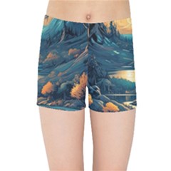 Forest River Night Evening Moon Kids  Sports Shorts by pakminggu