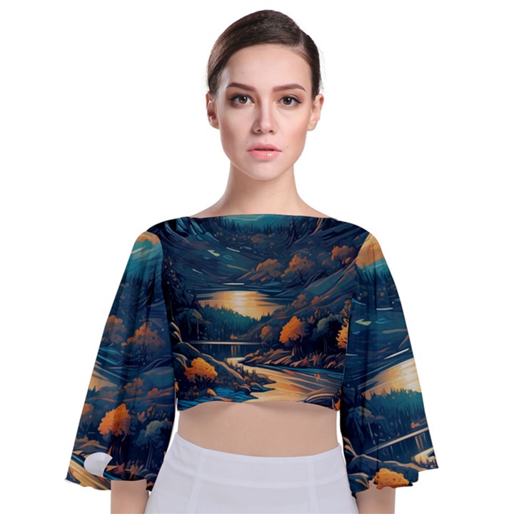 Forest River Night Evening Moon Tie Back Butterfly Sleeve Chiffon Top