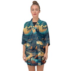 Forest River Night Evening Moon Half Sleeve Chiffon Kimono by pakminggu