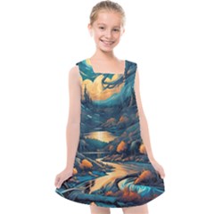 Forest River Night Evening Moon Kids  Cross Back Dress by pakminggu