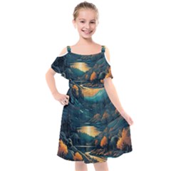 Forest River Night Evening Moon Kids  Cut Out Shoulders Chiffon Dress by pakminggu