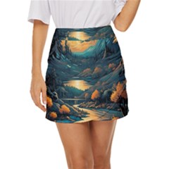 Forest River Night Evening Moon Mini Front Wrap Skirt by pakminggu