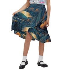 Forest River Night Evening Moon Kids  Ruffle Flared Wrap Midi Skirt by pakminggu