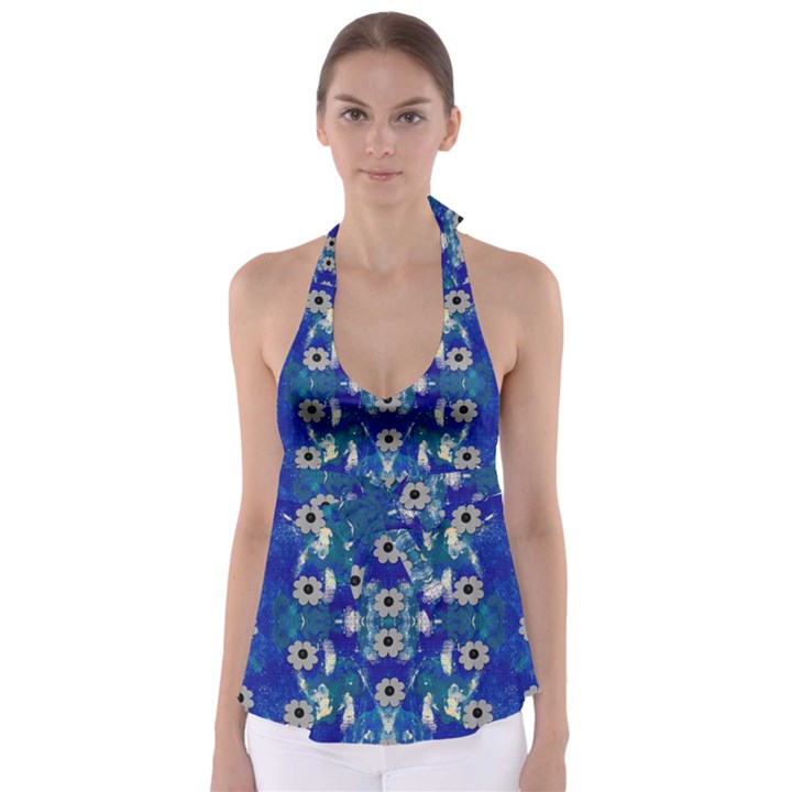 Oilpainting Blue Flowers In The Peaceful Night Tie Back Tankini Top