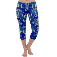 Oilpainting Blue Flowers In The Peaceful Night Capri Yoga Leggings